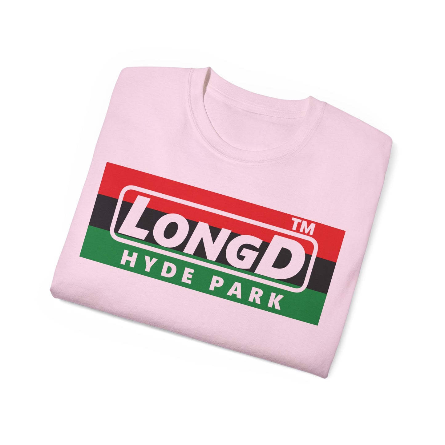 LongD negative horizontal 3-striped Hyde Park logo cotton tee (Juneteenth colors)