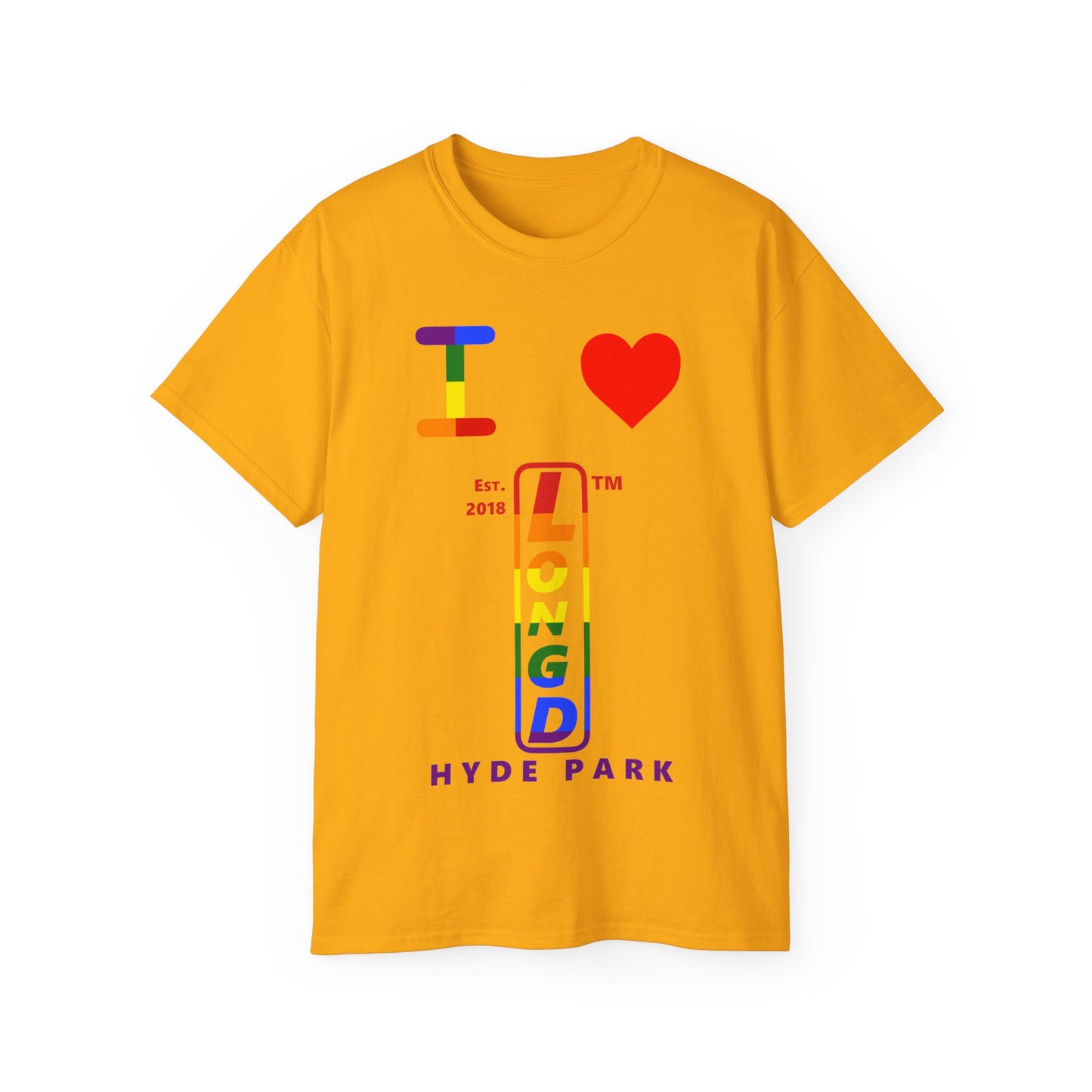 I Luv LongD Cotton Tee positive horizontal striped Hyde Park upright logo (Pride colors)