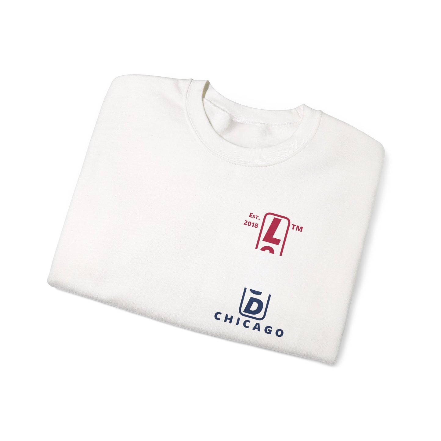 LongD positive horizontal 3-striped Chicago upright 4-print single-breasted logo crewneck sweatshirt (patriotic colors)