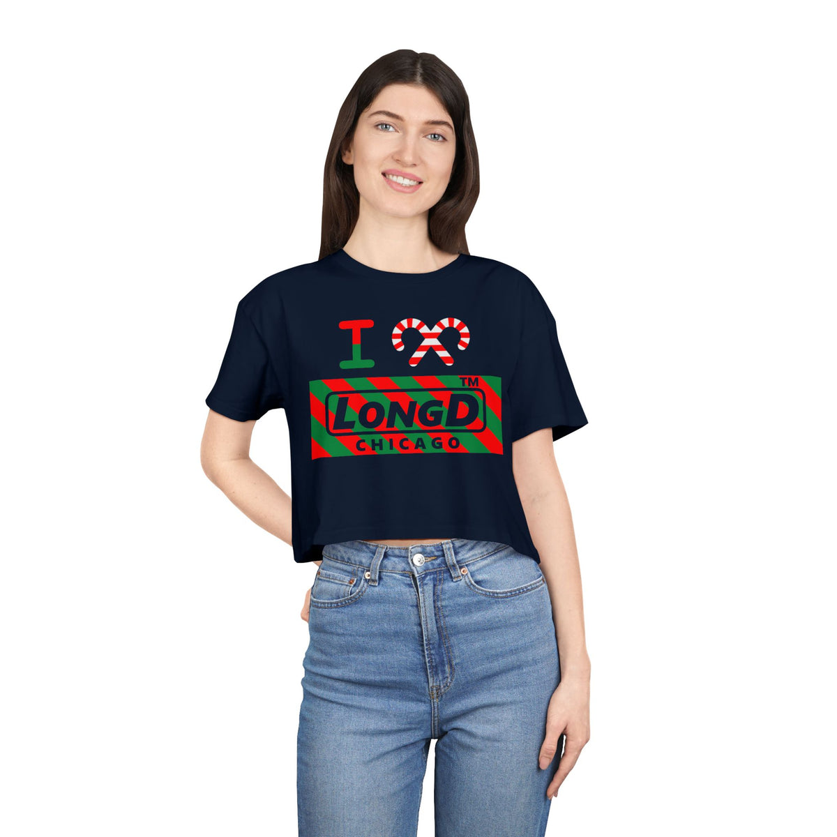 I candy cane LongD Chicago negative 12-striped logo crop tee