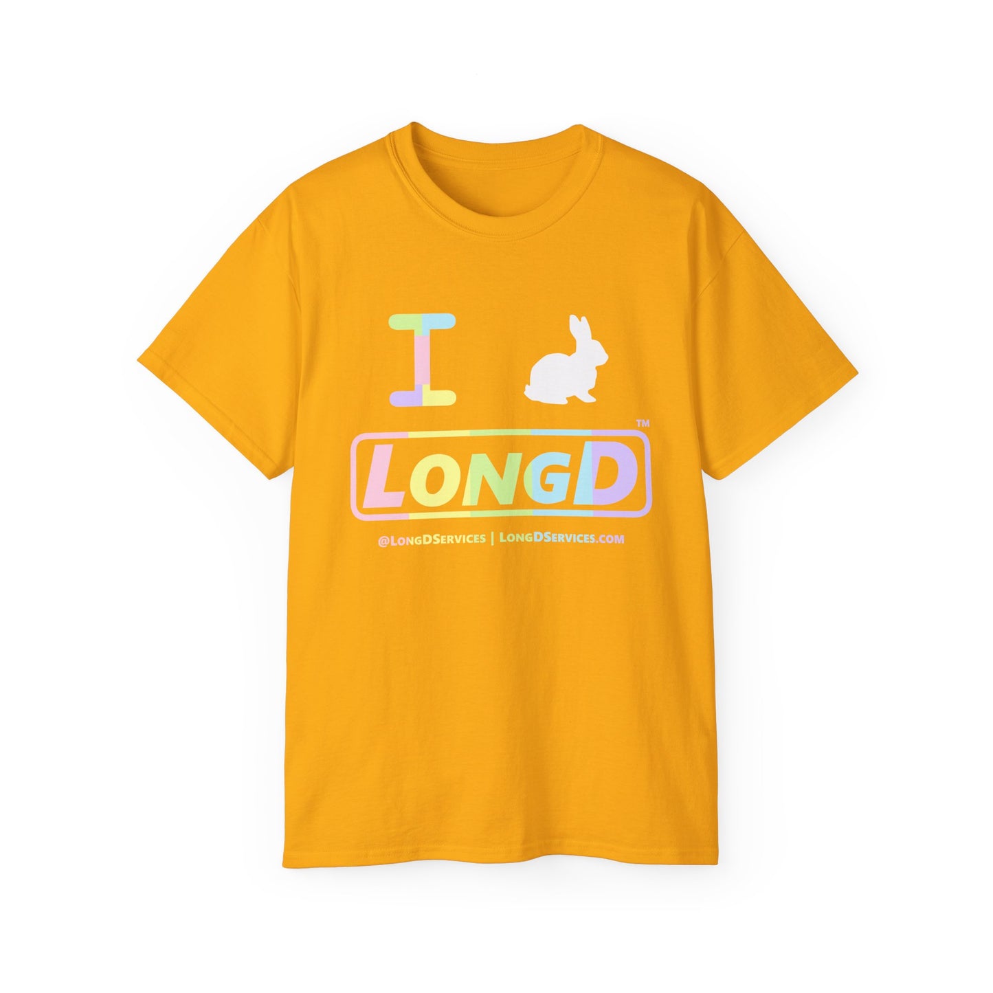I Bunny LongD® Logo Cotton Tee Easter pastel spectrum text (white Easter Bunny)