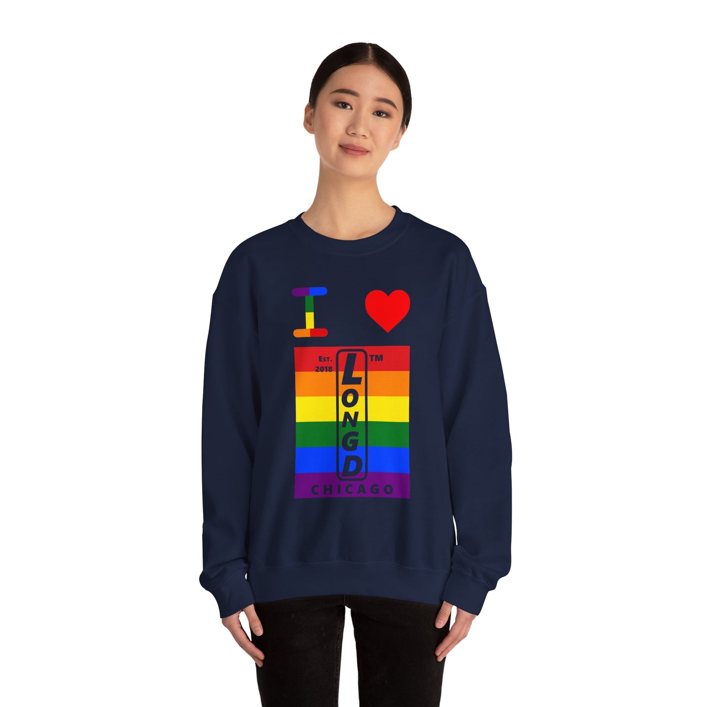 I Luv LongD negative horizontal 6-striped Chicago upright logo crewneck sweatshirt