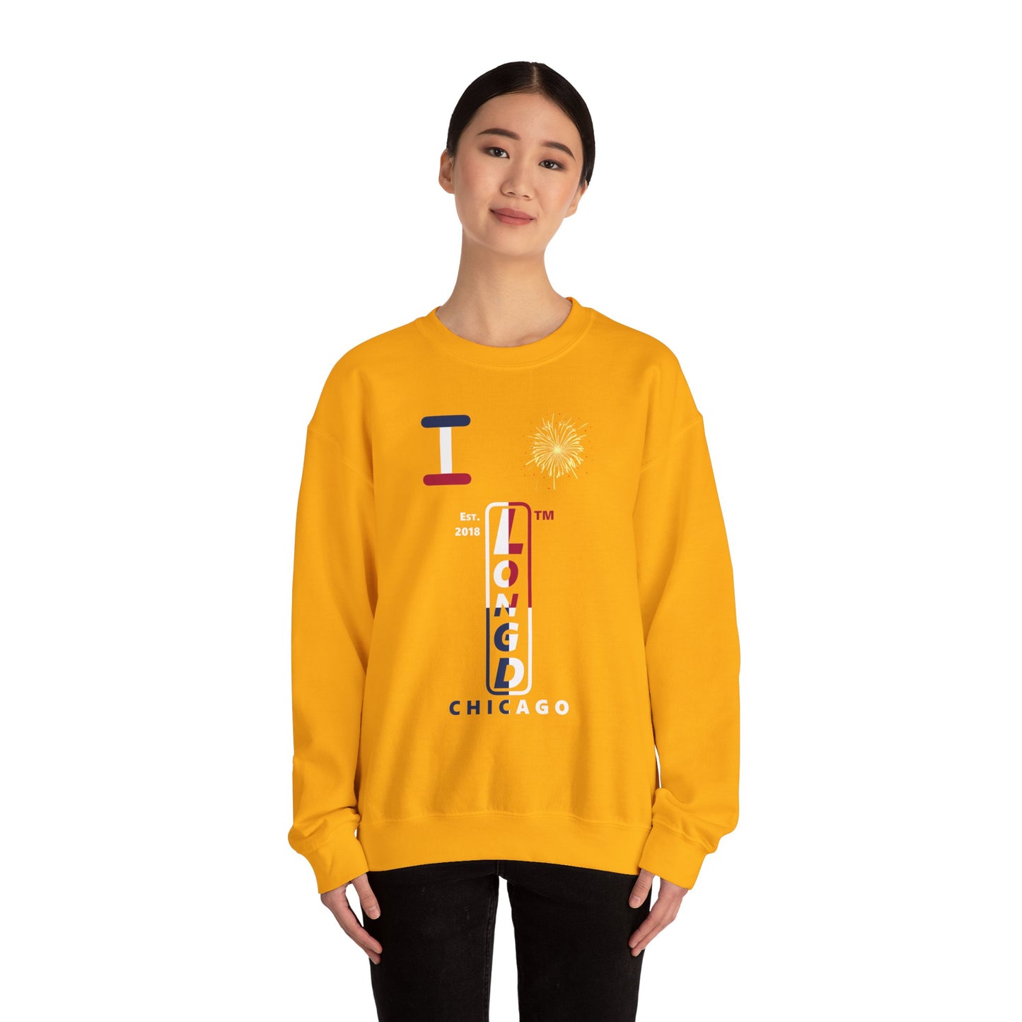I Burst LongD positive quarters flag Chicago upright logo crewneck sweatshirt