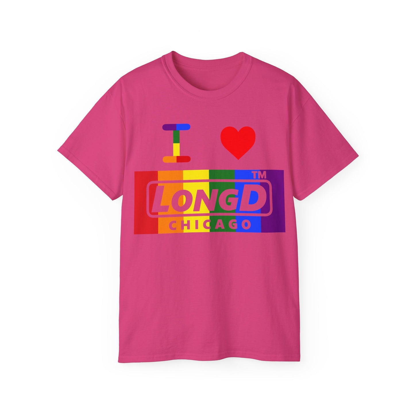 I Luv LongD negative vertical striped Chicago logo cotton tee (Pride colors)