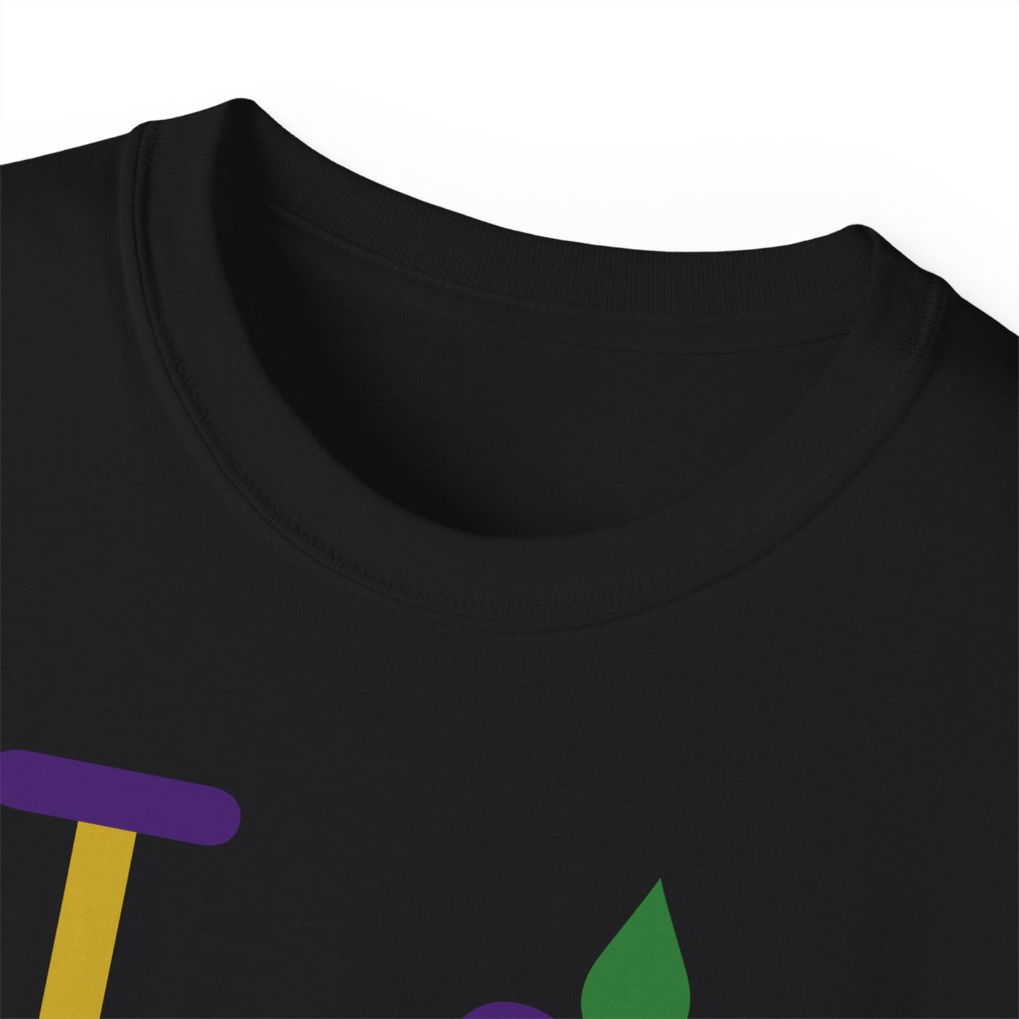 I Fluer LongD® Logo Cotton Tee (Mardi Gras colored text, negative logo & fleur de lis)