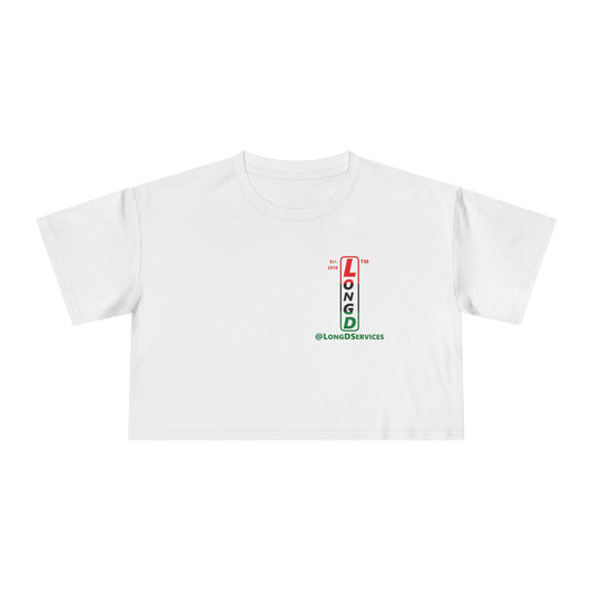 Positive horizontal 3-striped upright single-breasted tag logo crop tee (Juneteenth colors)