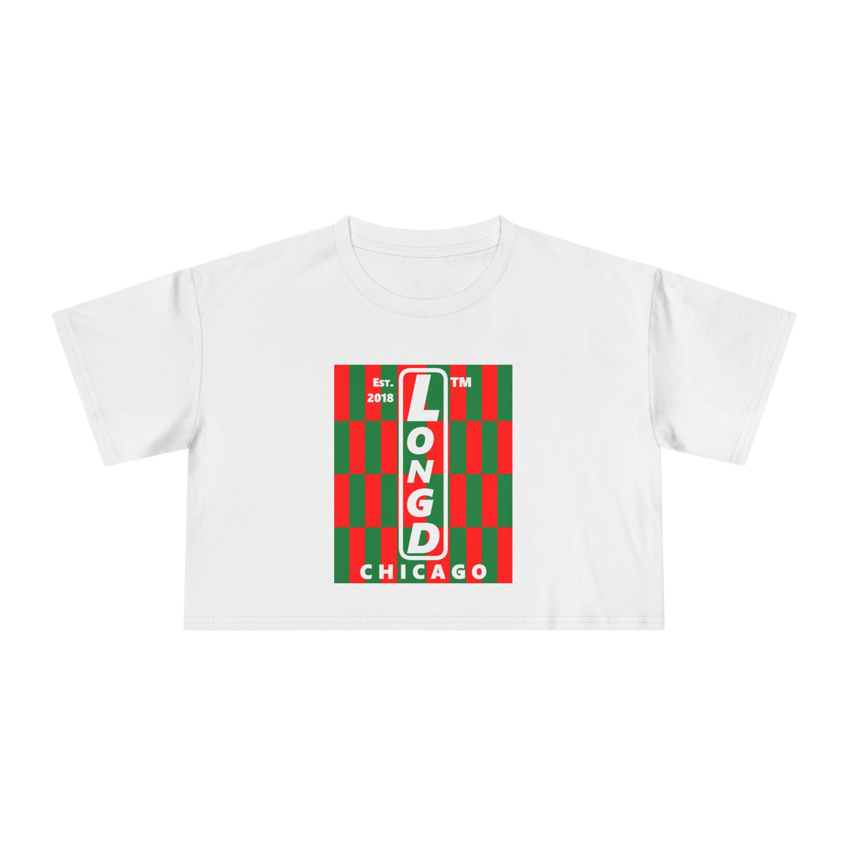 LongD Chicago negative upright tiled logo (Xmas colors) crop tee