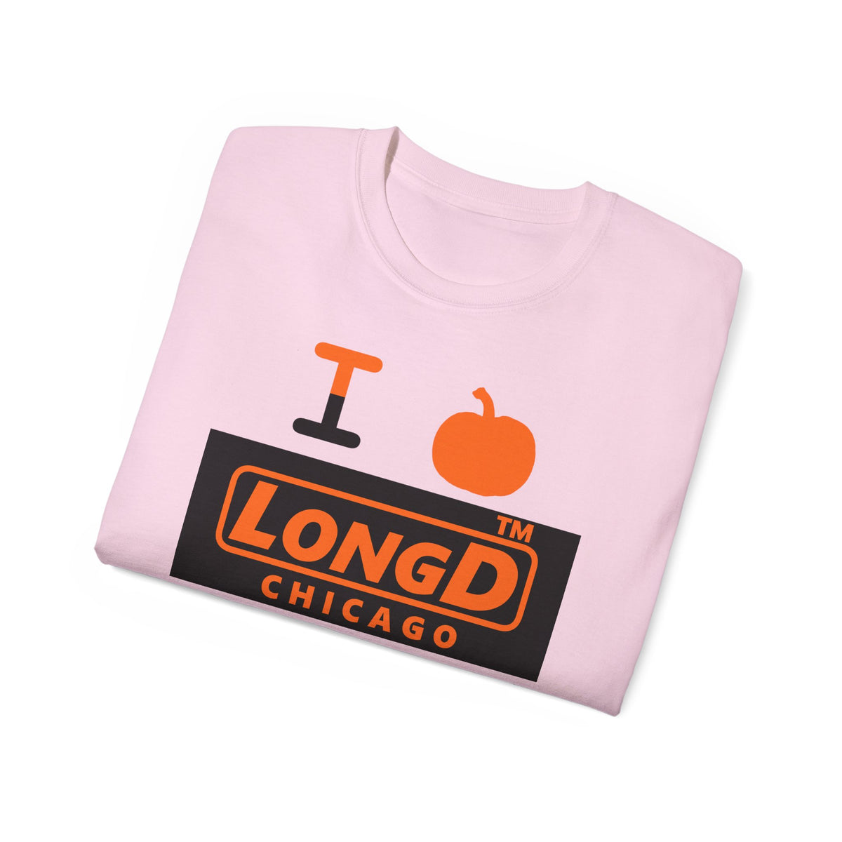 I pumpkin LongD Chicago logo positive orange on negative black cotton tee