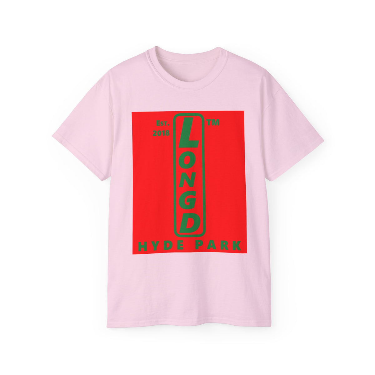 LongD Hyde Park upright logo positive green on negative red (Xmas colors) cotton tee