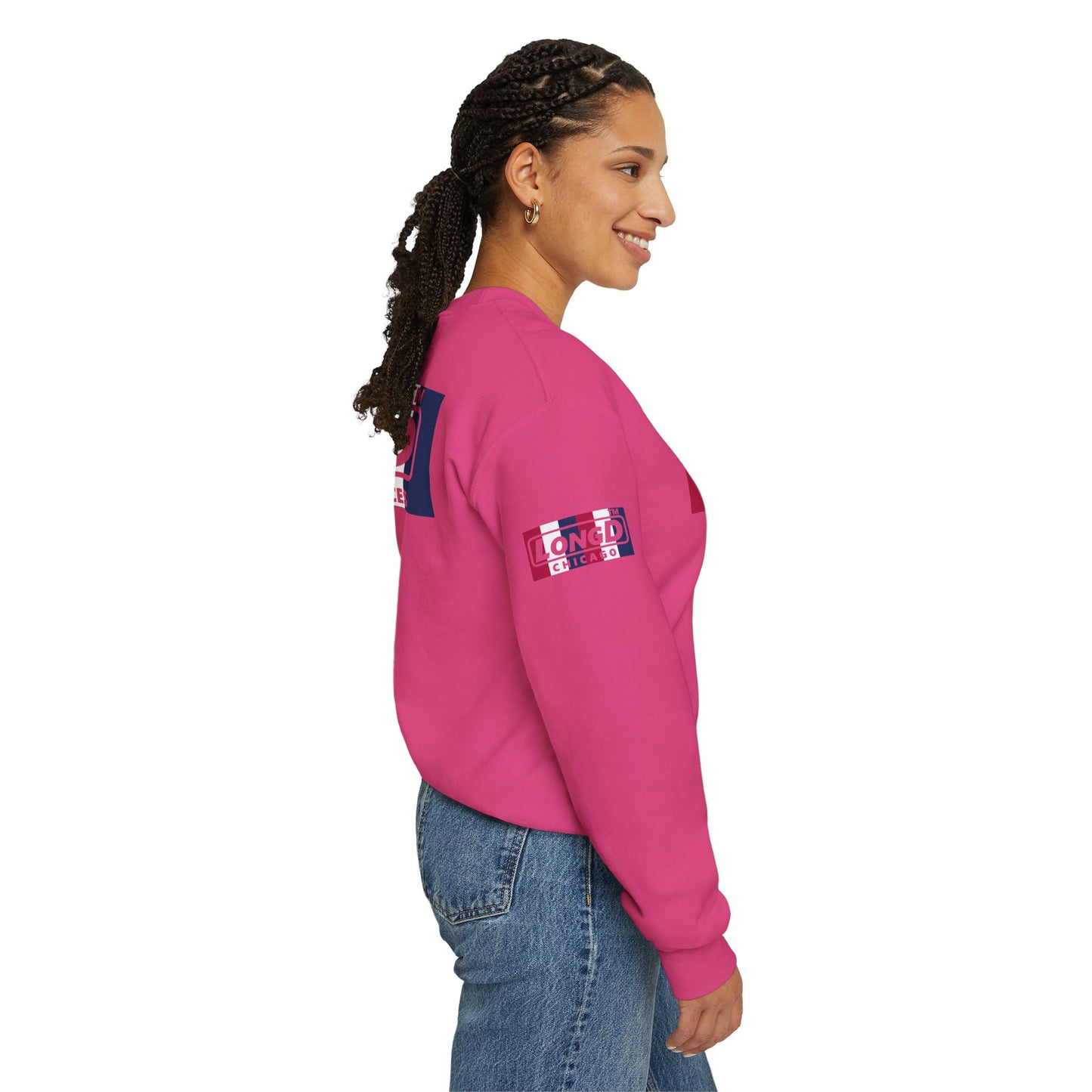 LongD negative vertical 6-striped 4-print double-breasted Hyde Park logo crewneck sweatshirt (patriotic colors)