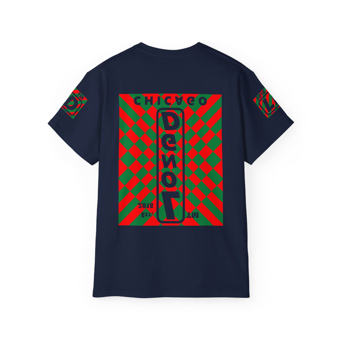 LongD Chicago negative upright stylized argyle 4-print logo (Xmas colors) cotton tee