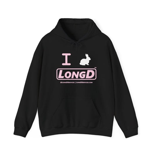I Bunny LongD® Logo Hoodie Pastel pink text (White Easter Bunny)