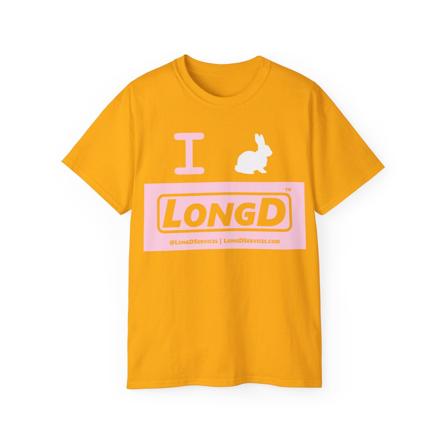 I Bunny LongD® Logo Cotton Tee Easter pastel pink negative text (white Easter Bunny)