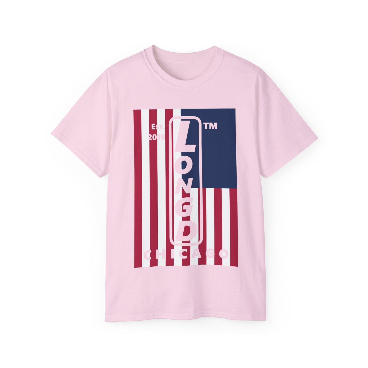 LongD cotton tee negative cropped flag Chicago upright logo (Patriotic colors)