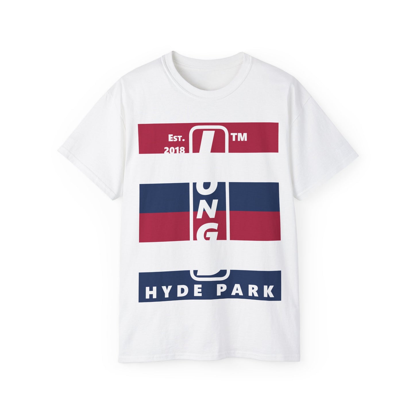LongD cotton tee negative horizontal 6-striped Hyde Park upright logo (Patriotic colors)