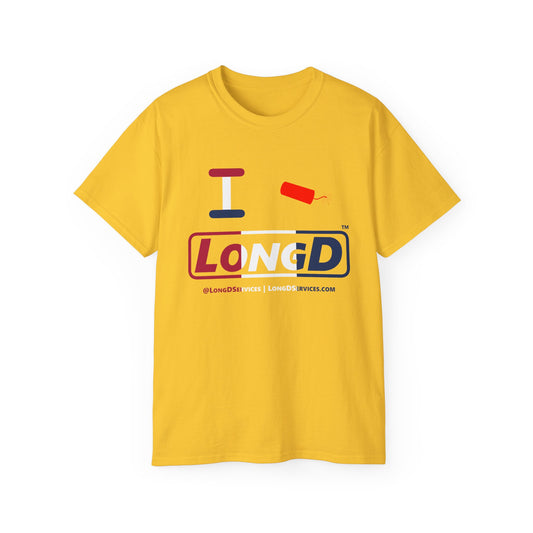I Firecracker LongD® Logo Cotton Tee Red, White and Blue positive thirds text