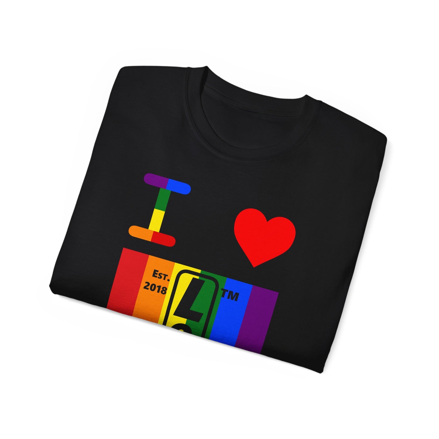 I Luv LongD Cotton Tee negative vertical striped Chicago upright logo (Pride colors)