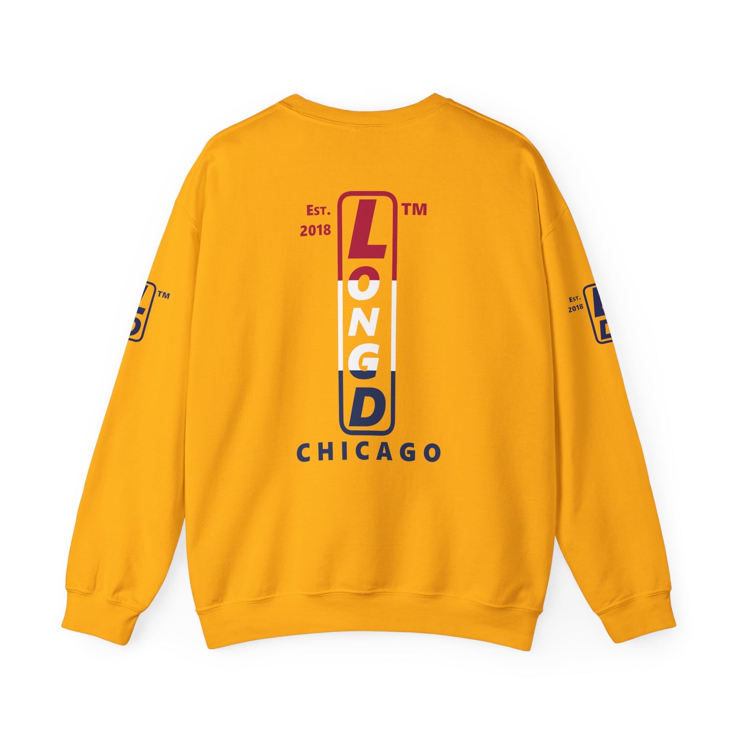 LongD positive horizontal 3-striped Chicago upright 4-print single-breasted logo crewneck sweatshirt (patriotic colors)