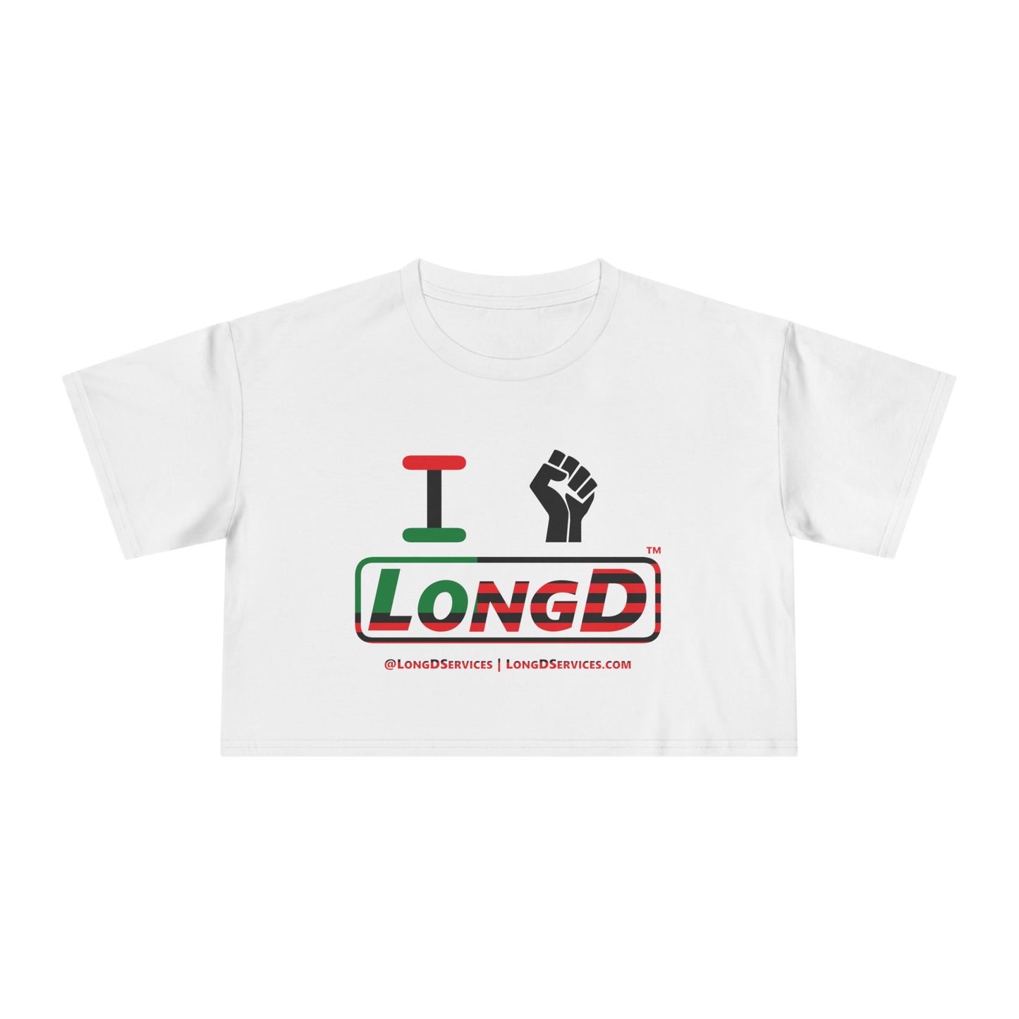 I Fist LongD Logo Women's Crop Tee (Black fist and Juneteenth positive flag logo)