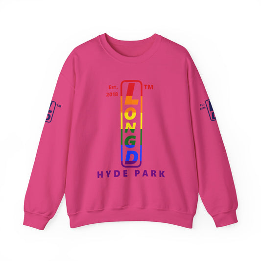 LongD positive horizontal 6-striped Hyde Park 4-print upright logo crewneck sweatshirt (Pride colors)