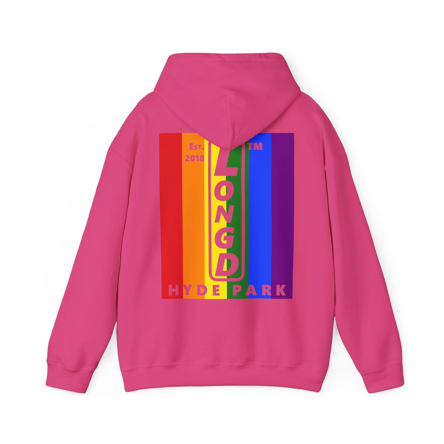 LongD single-breasted negative vertical 6-striped front-back upright Hyde Park logo hoodie (Pride colors)