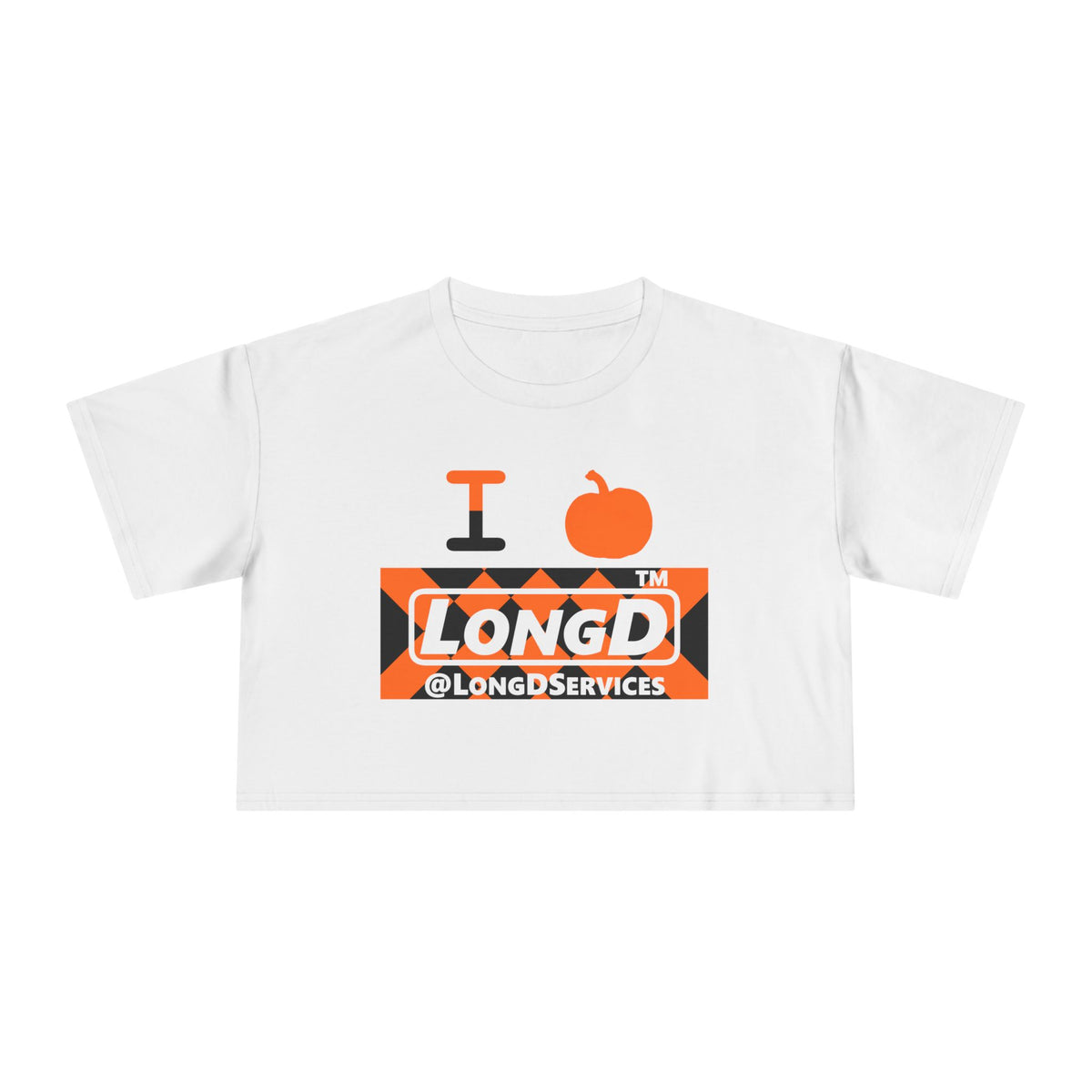 I pumpkin LongD Tag negative stylized argyle logo crop tee