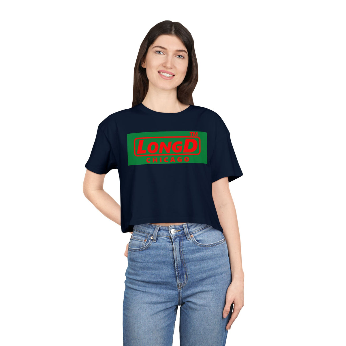 LongD Chicago logo positive red on negative green (Xmas colors) crop tee