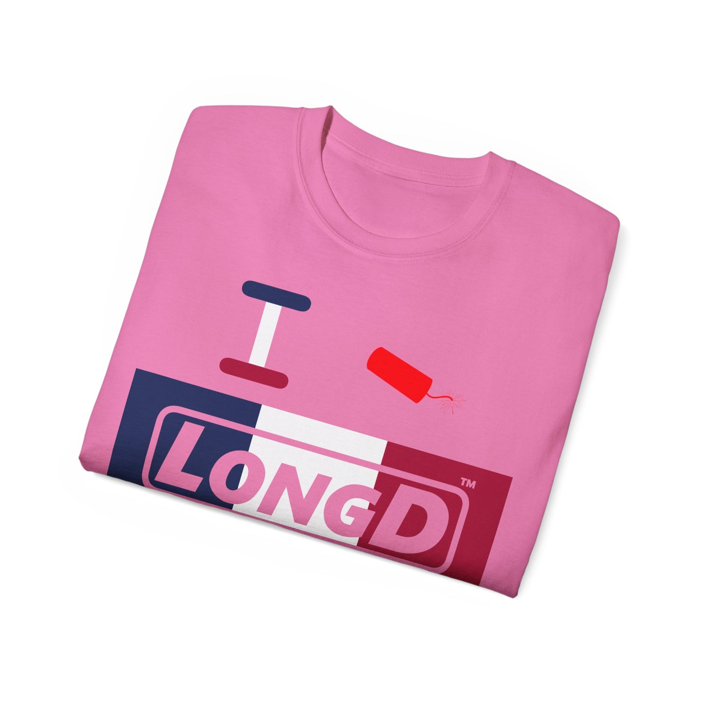I Firecracker LongD® Logo Cotton Tee Blue, White and Red negative thirds text