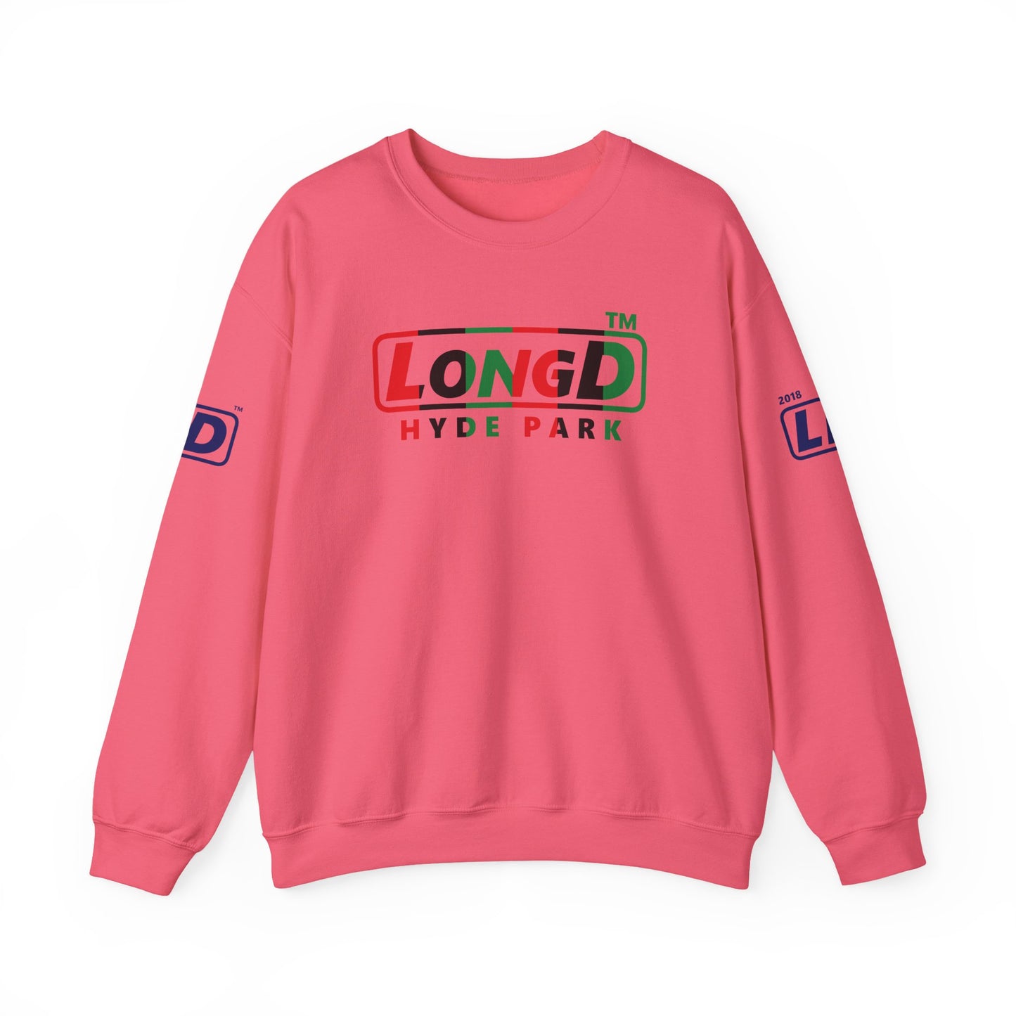 LongD positive vertical 6-striped 4-print Hyde Park logo crewneck sweatshirt (Juneteenth colors)