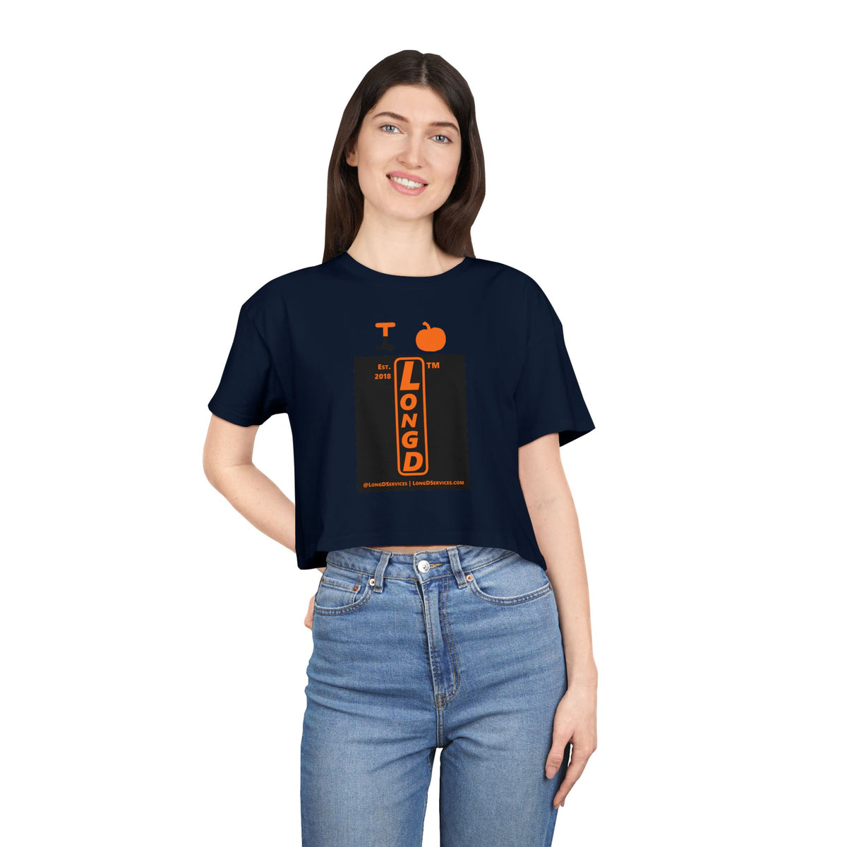 I pumpkin LongD Tag-domain upright logo positive orange on negative black crop tee