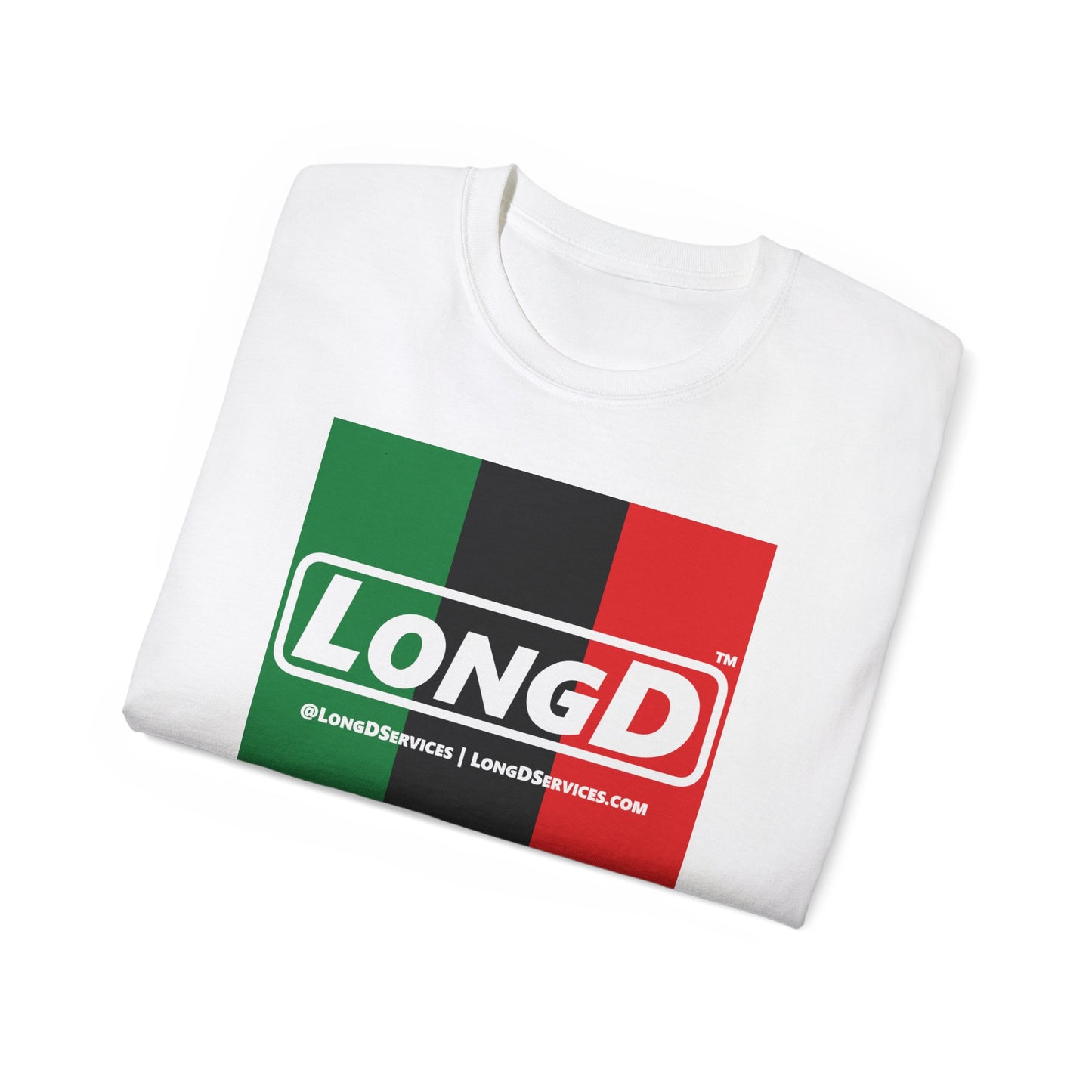 LongD® Logo Cotton Tee Juneteenth vertical Pan-African Flag negative text