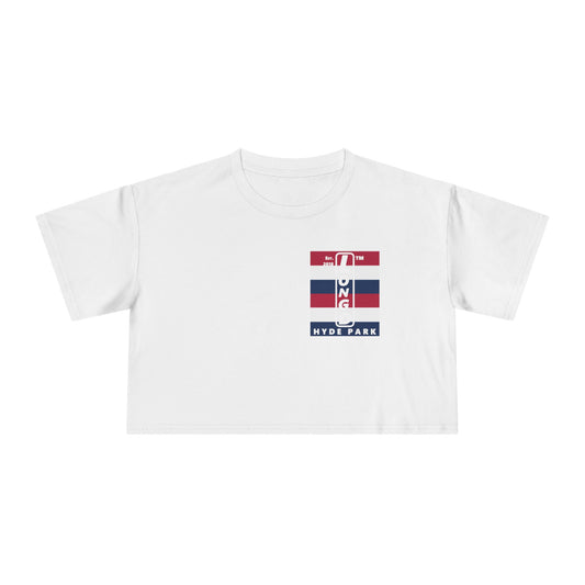 Negative horizontal 6-striped upright single-breasted Hyde Park logo crop tee (Patriotic colors)