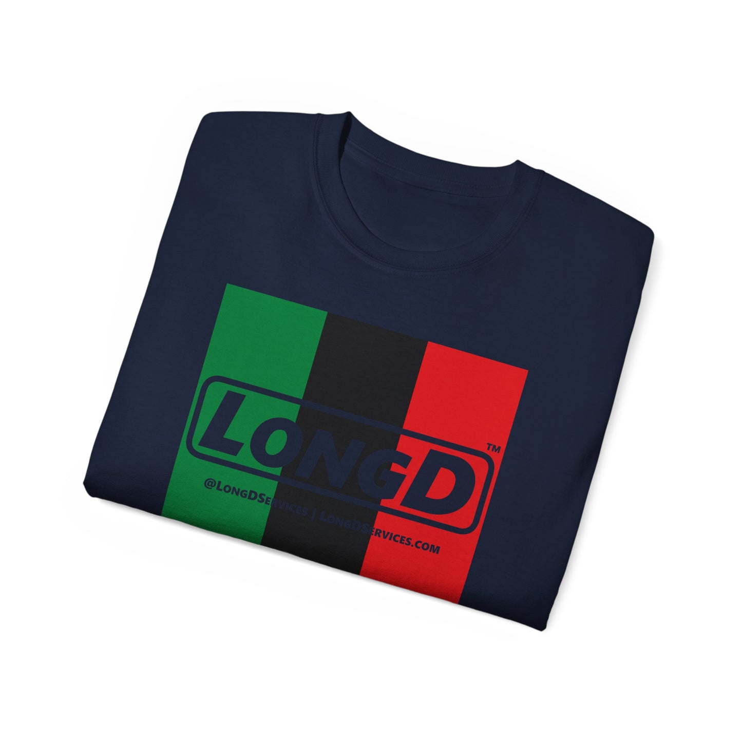 LongD® Logo Cotton Tee Juneteenth vertical Pan-African Flag negative text