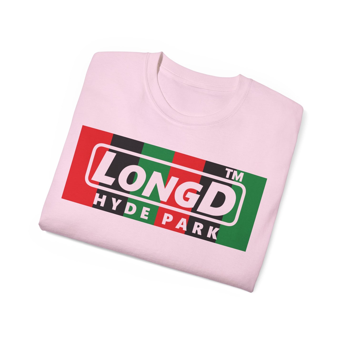 LongD negative vertical 6-striped Hyde Park logo front-back cotton tee (Juneteenth colors)
