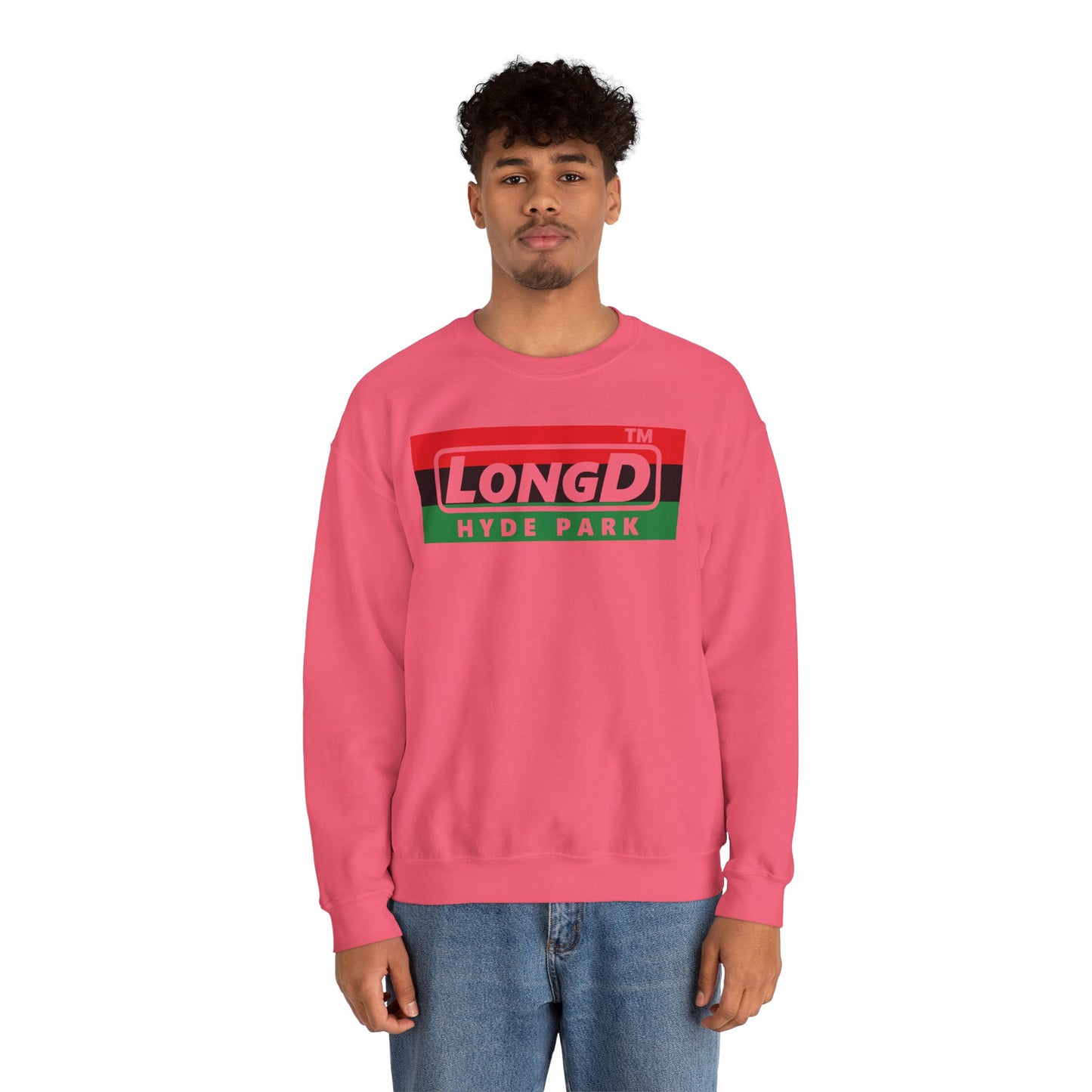 LongD negative horizontal 3-striped Hyde Park logo crewneck sweatshirt (Juneteenth colors)