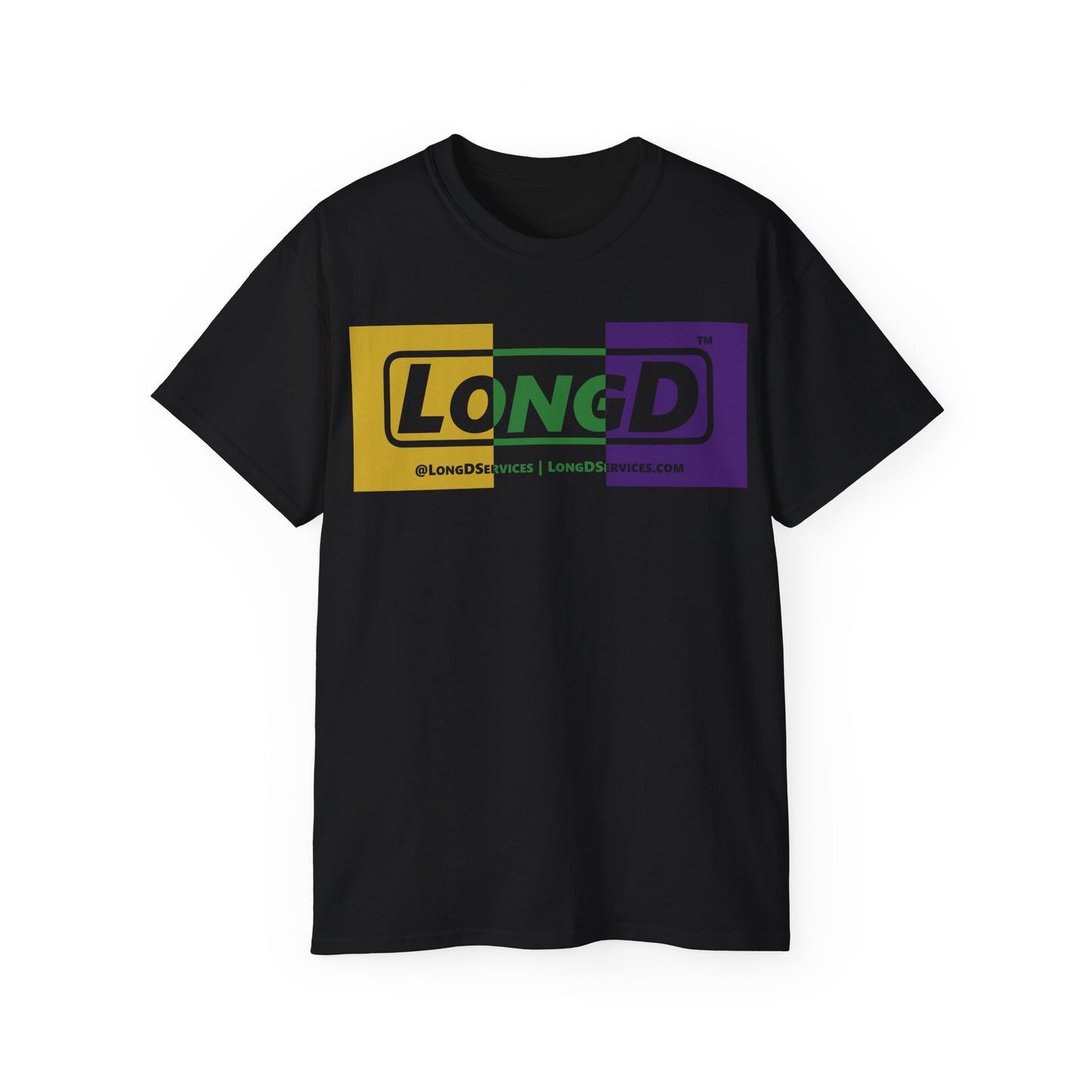 LongD® Logo Cotton Tee (positive center and negative outer Mardi Gras colored text)