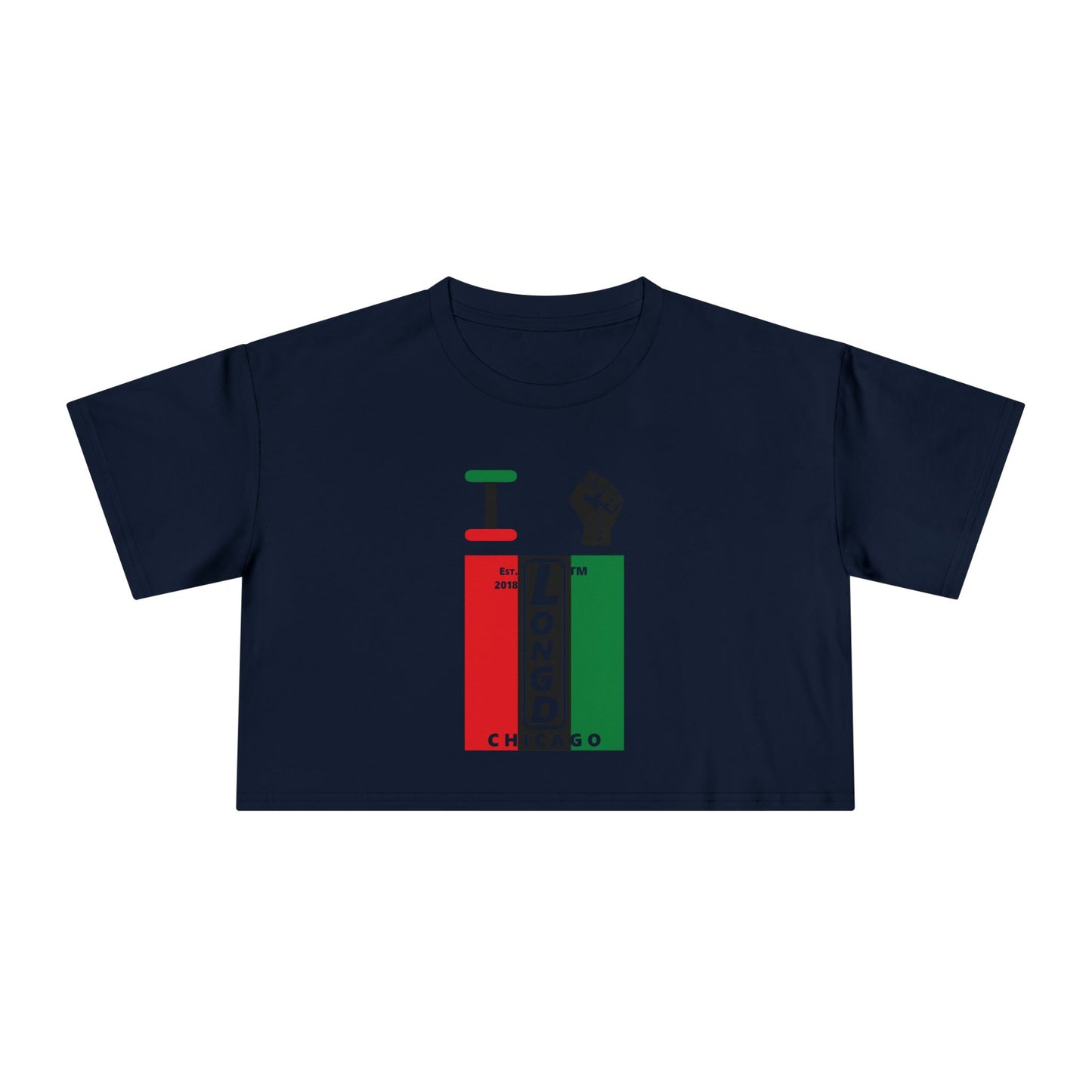 I fist LongD negative vertical 3-striped upright front-back Chicago logo crop tee (Juneteenth colors)