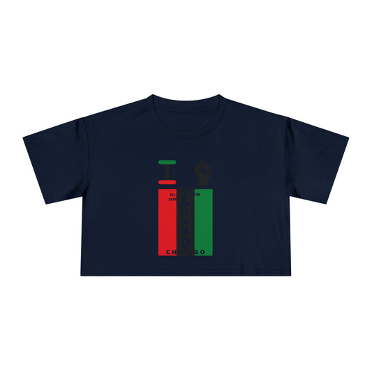 I fist LongD negative vertical 3-striped upright front-back Chicago logo crop tee (Juneteenth colors)