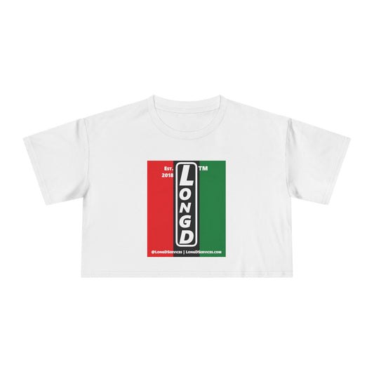 Negative vertical 3-striped upright front-back tag-domain logo crop tee (Juneteenth colors)