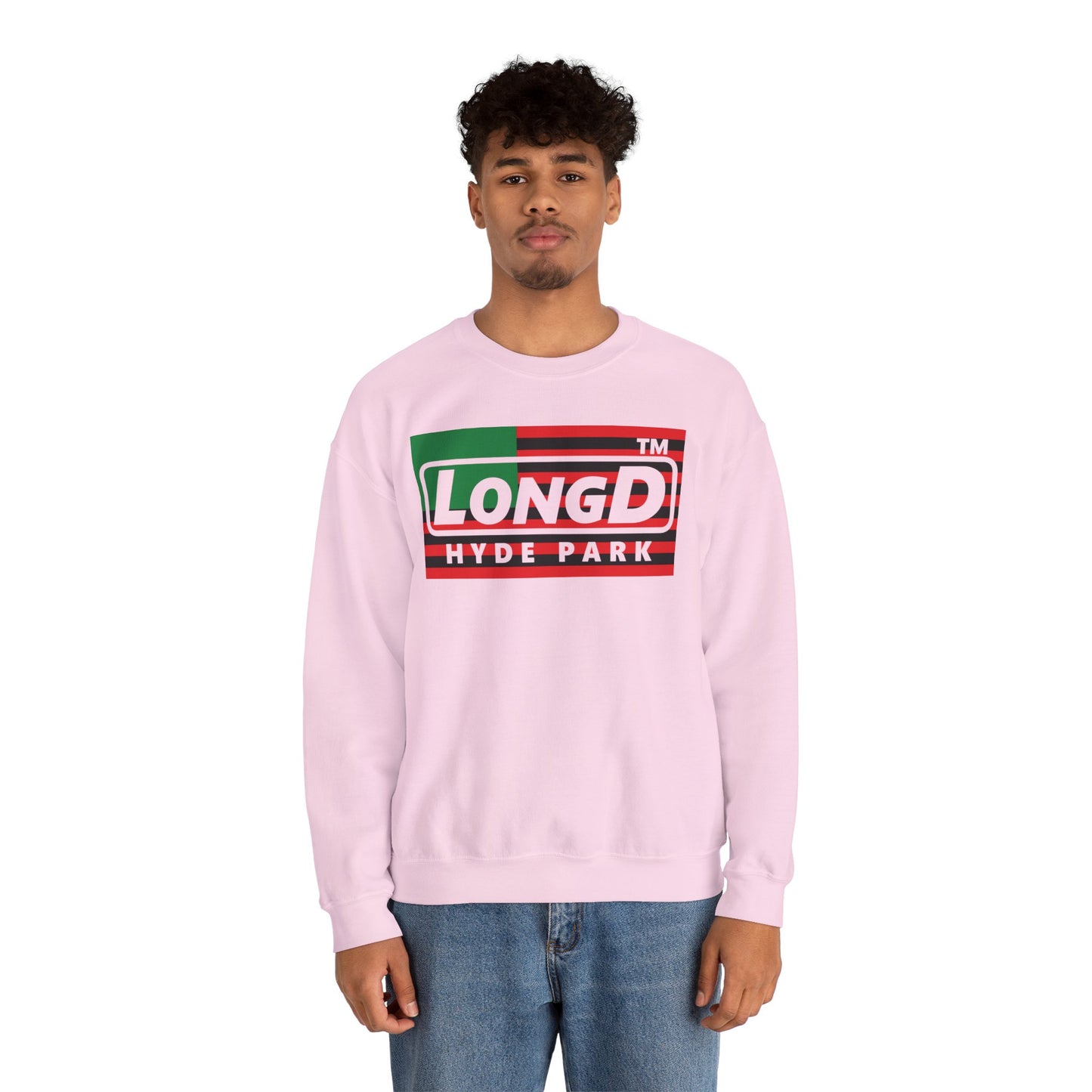 LongD negative flag front-back Hyde Park logo crewneck sweatshirt (Juneteenth colors)