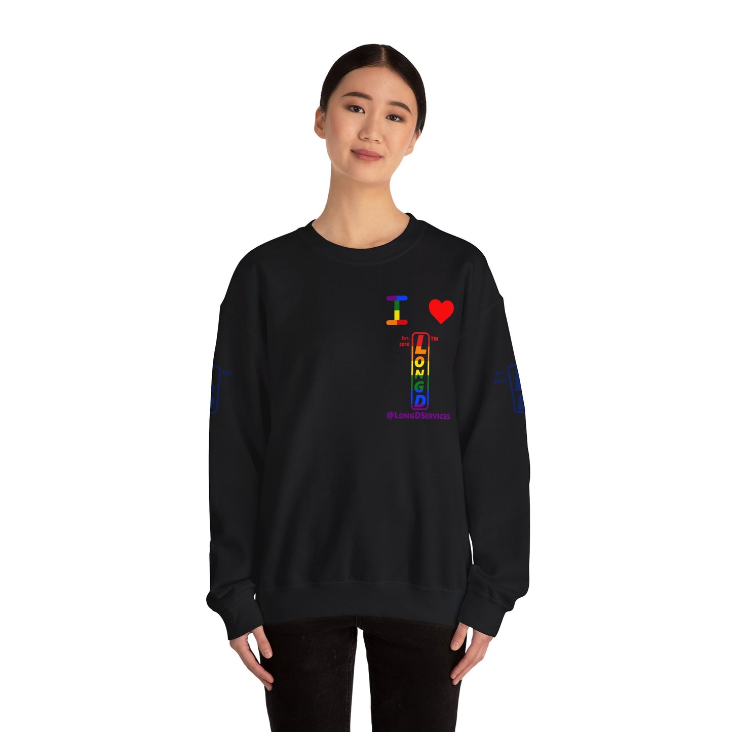 I Luv LongD positive horizontal 6-striped tag upright 4-print single-breasted logo crewneck sweatshirt