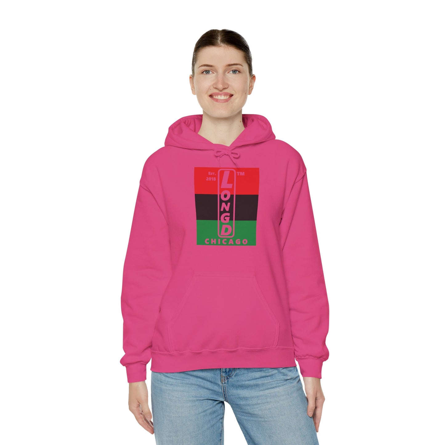 LongD® negative horizontal 3-striped upright Chicago logo hoodie (Juneteenth colors)
