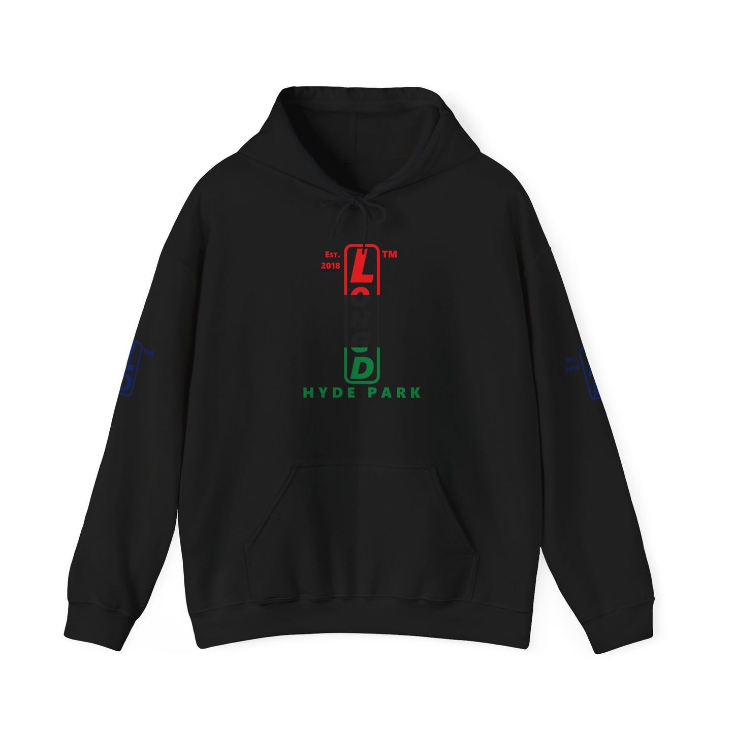 LongD® positive horizontal 3-striped Hyde Park 4-print upright logo hoodie (Juneteenth colors)