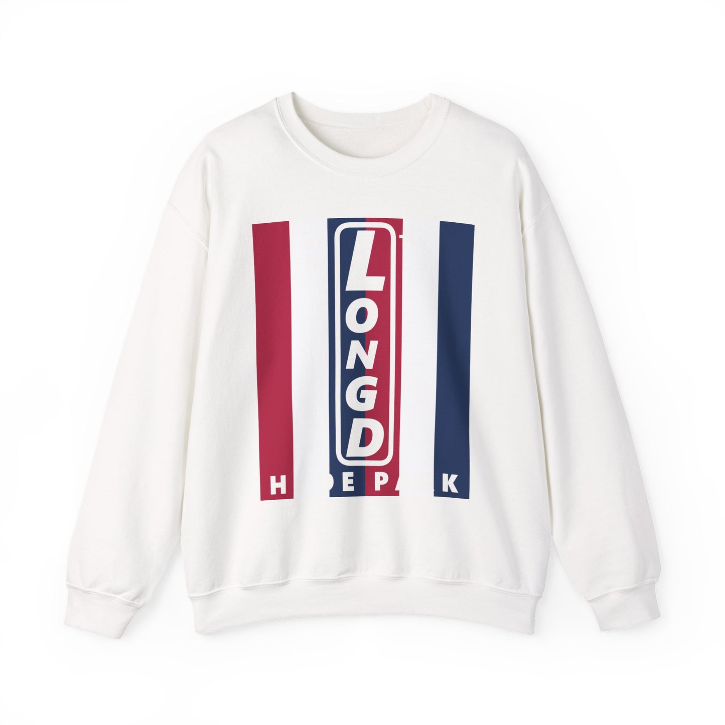 LongD negative vertical 6-striped Hyde Park upright logo crewneck sweatshirt (patriotic colors)