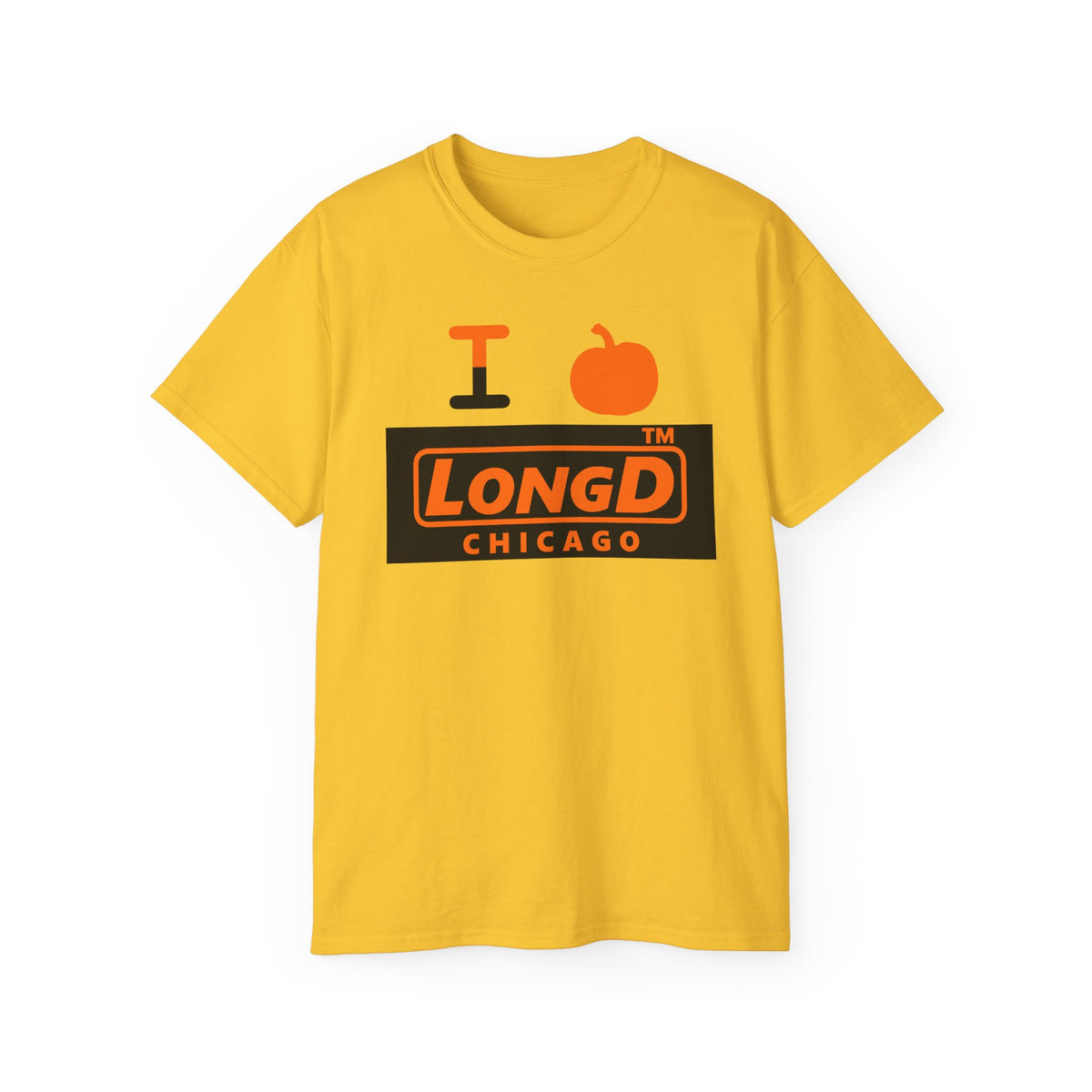 I pumpkin LongD Chicago logo positive orange on negative black cotton tee