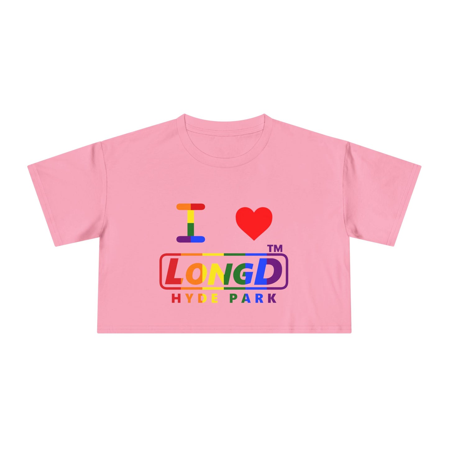 I Luv LongD positive vertical 6-striped Hyde Park logo crop tee (Pride colors)