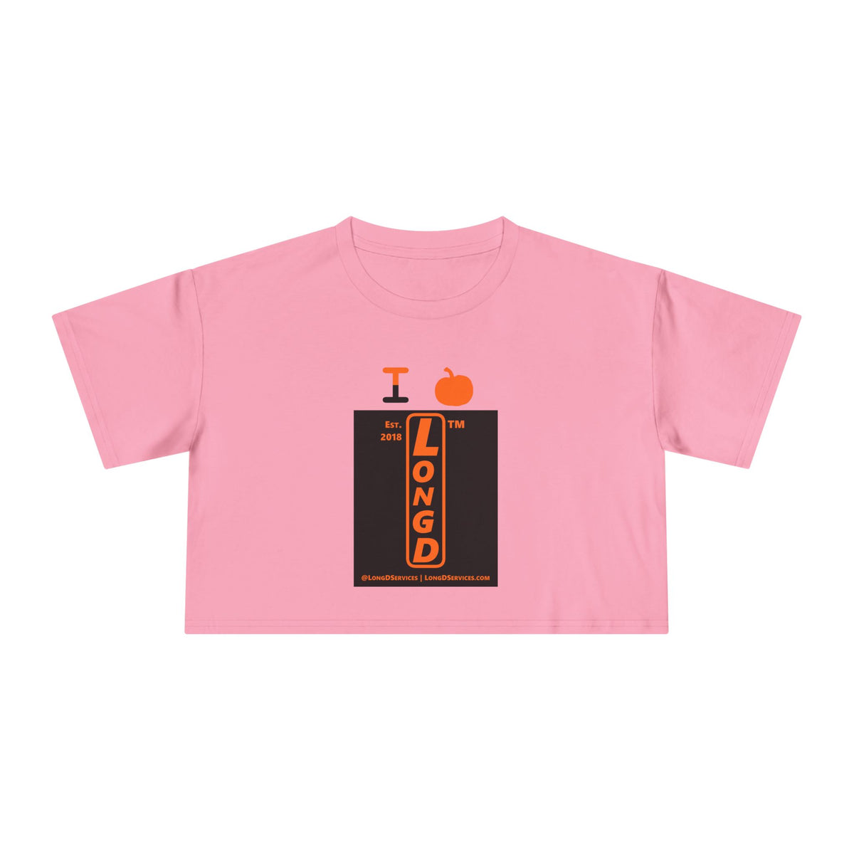 I pumpkin LongD Tag-domain upright logo positive orange on negative black crop tee