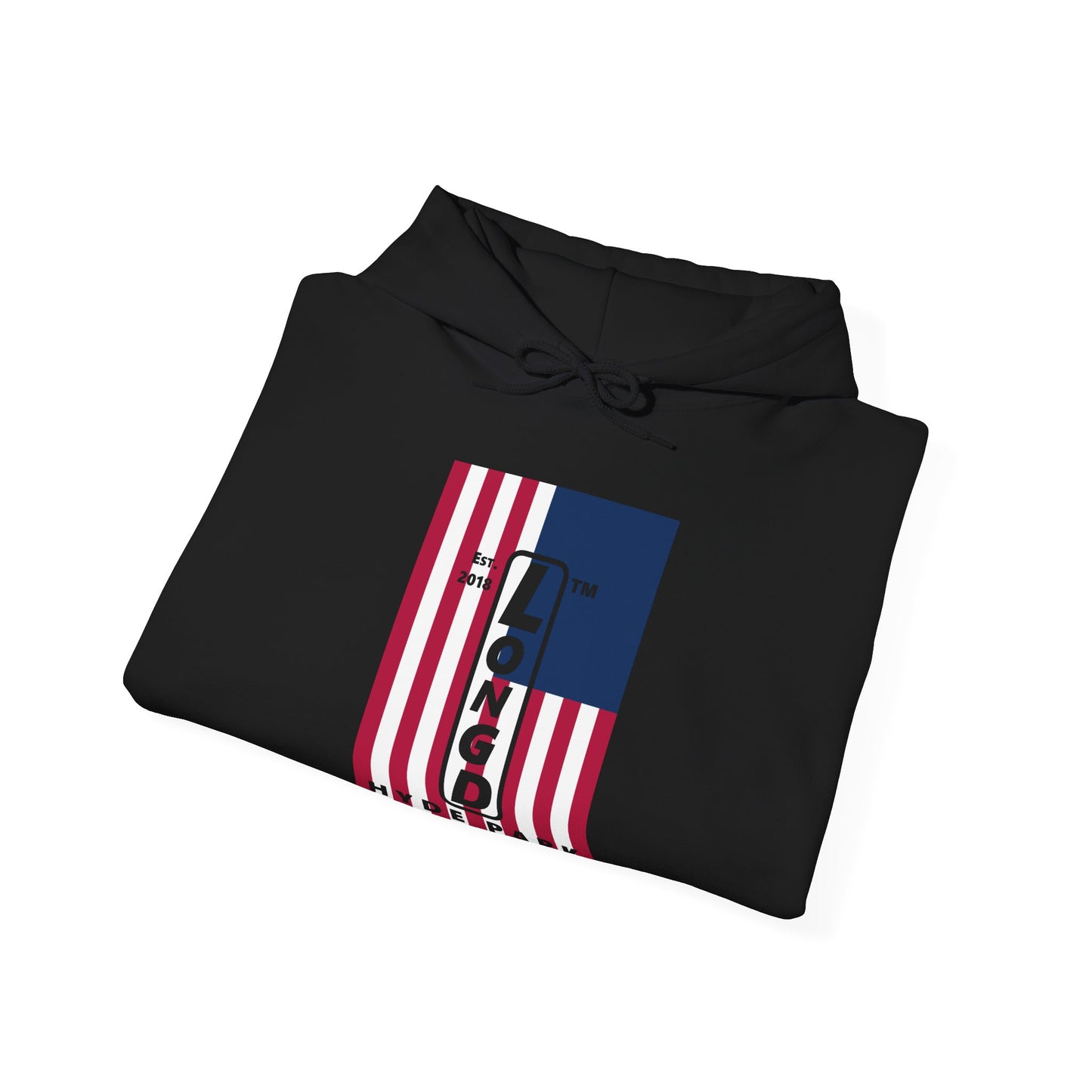 LongD® negative cropped flag upright Hyde Park logo hoodie (Patriotic colors)