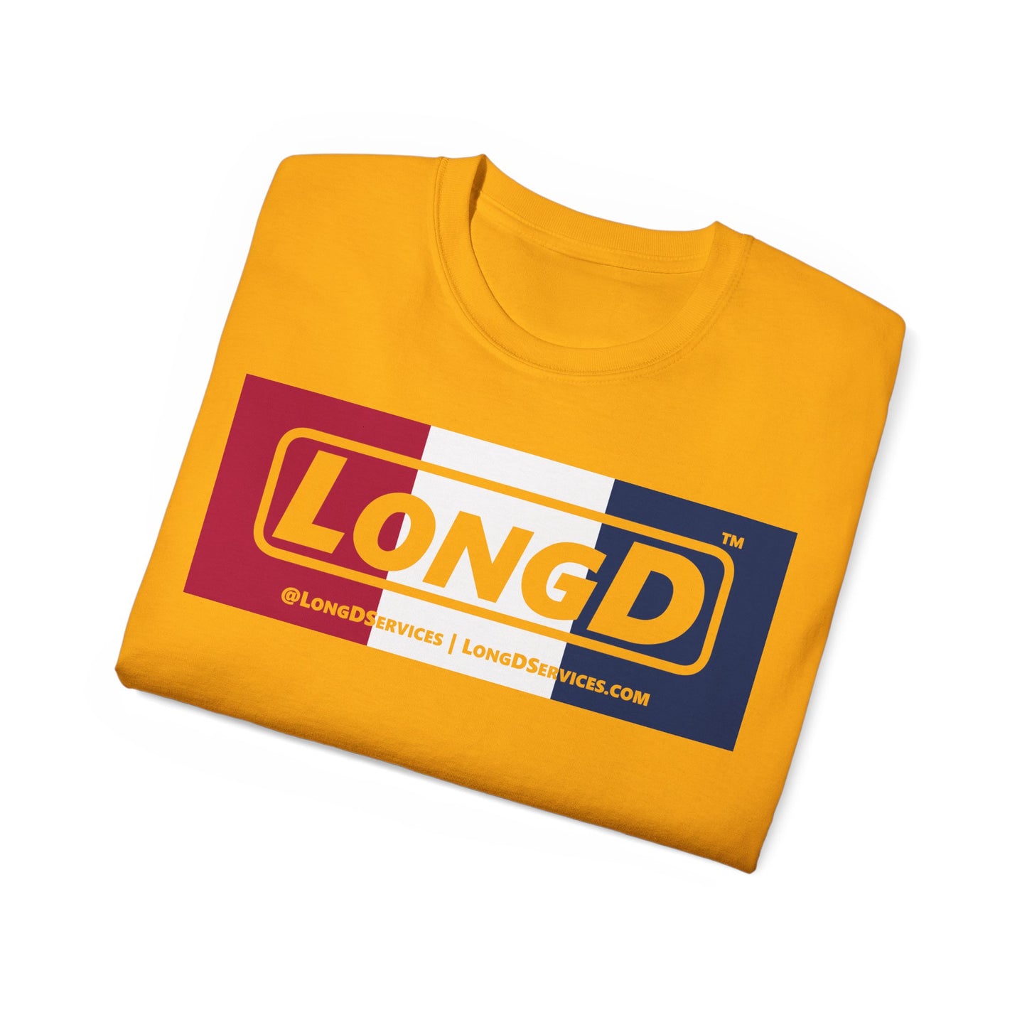 LongD® Logo Cotton Tee Red, White and Blue negative thirds text