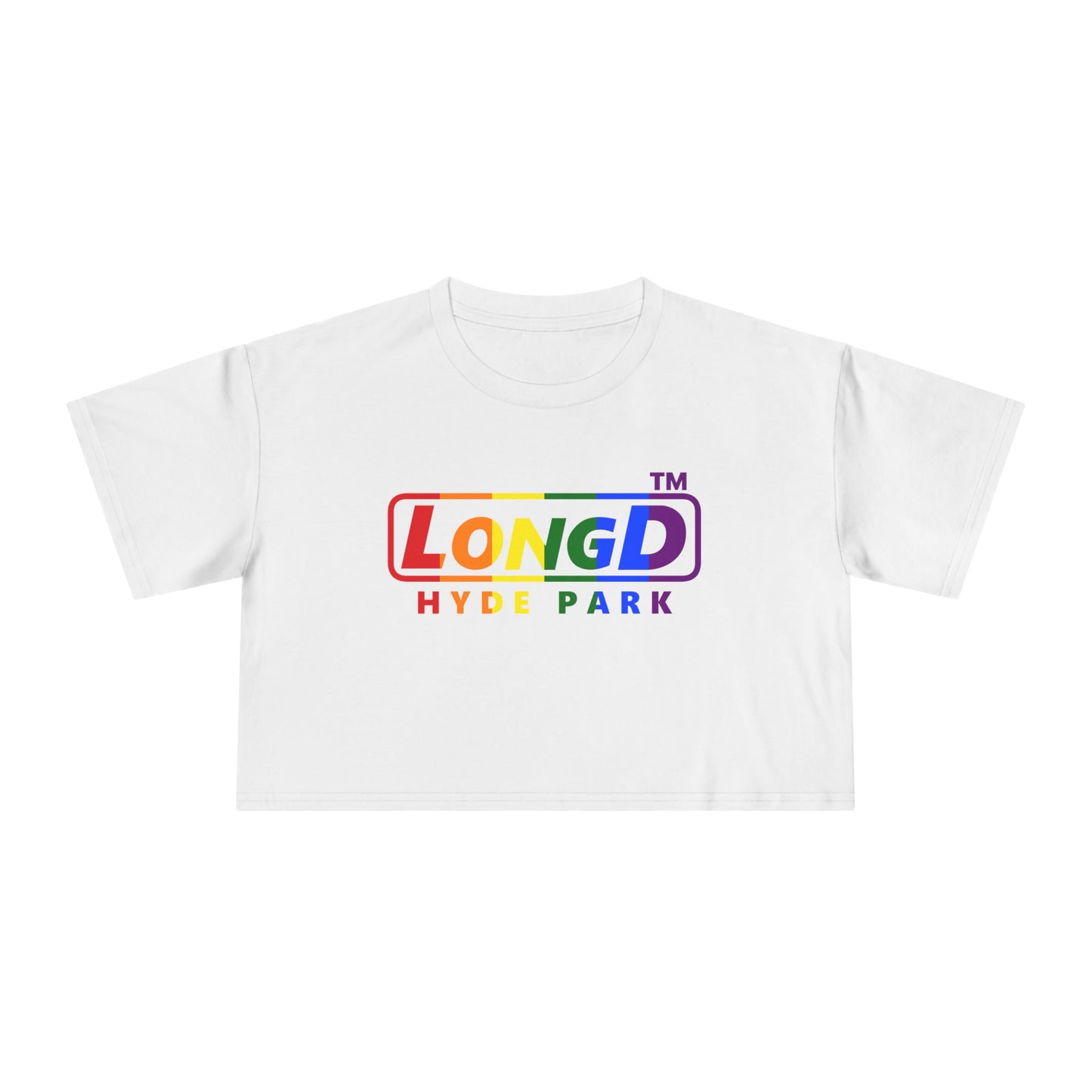 LongD positive vertical 6-striped Hyde Park logo crop tee (Pride colors)